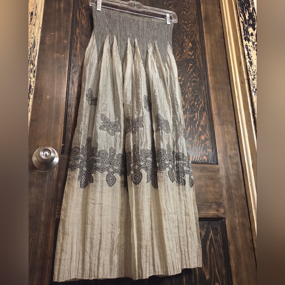 Lapis Silver Gray Maxi Skirt with Black Celtic Embroidery